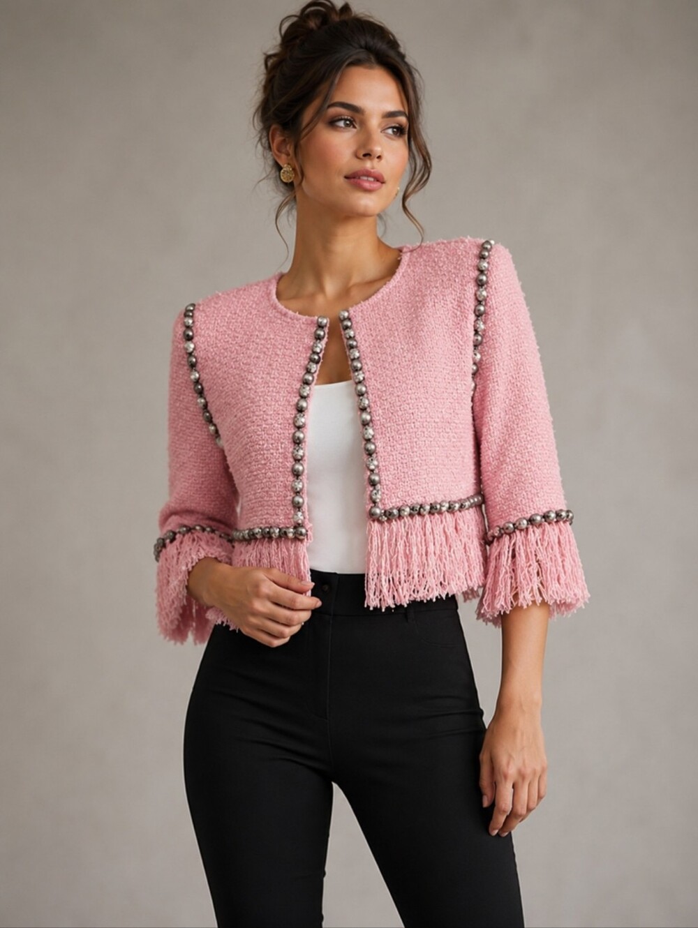 Area NYC Size 6 Pink Lurex-tweed Crystal-dome Trim Fringed Cropped Jacket #A